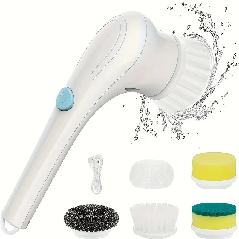 High-Performance Cordless Electric Scrubber with 5 Multi-Functional Heads, Rechargeable Handheld Cleaning Brush for Bathrooms, T
