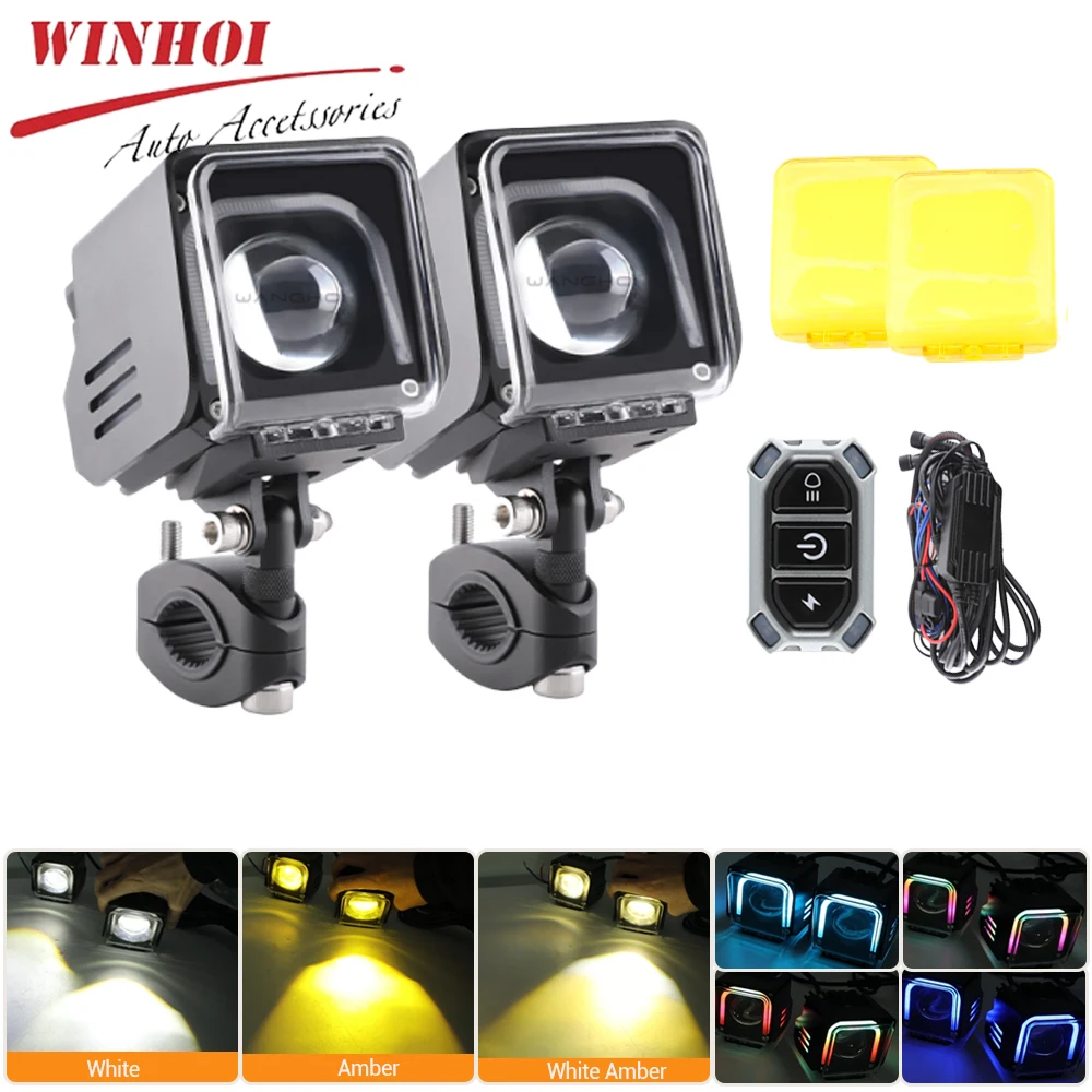 Additional Motorcycle Led Headlight with RGB Agle Eyes Mount Brackets Wire Harness Universal Front High Low Beam Spotlights 12V