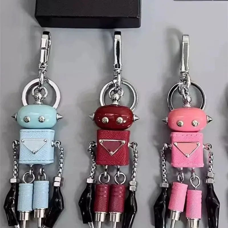 Robot Charm Keychain Vintage Handmade DIY Metal Pendant Design Enamel Triangle Badge Bag Accessory Creative Unisex Men