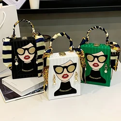 Novelty Lady face handbag, trendy chain crossbody bag, top handle box square purse for women