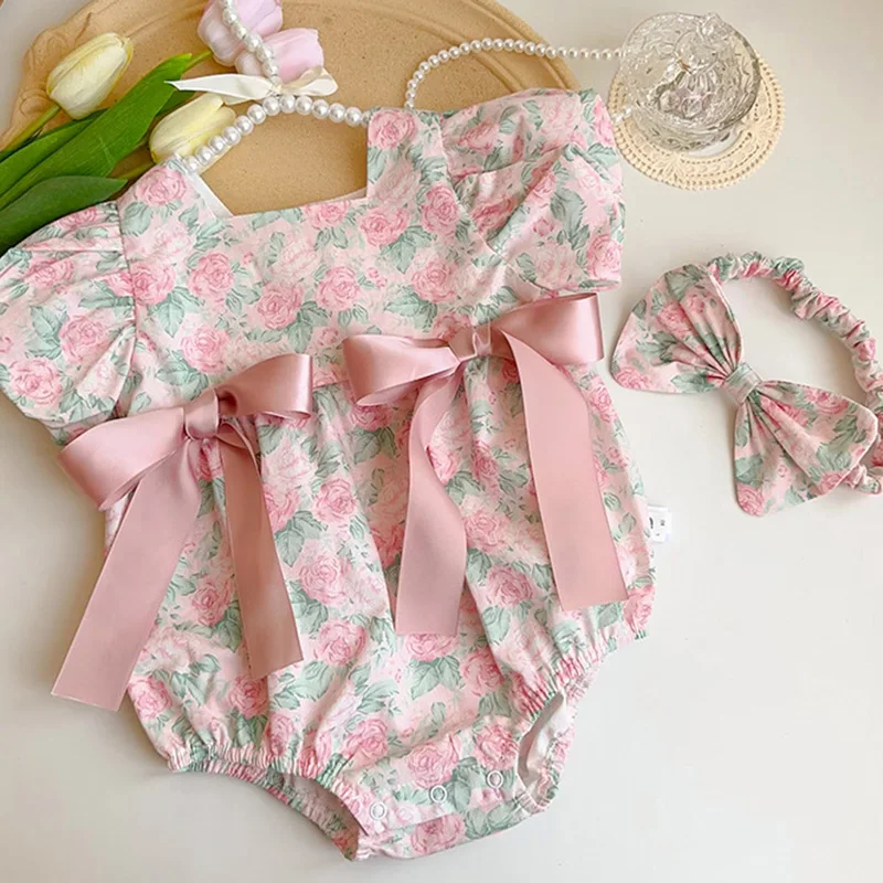 Summer Newborn Baby Girl Romper+Hair band Short Sleeved Cotton Floral Printing Toddler Baby Girls Jumpsuit Children Clothes