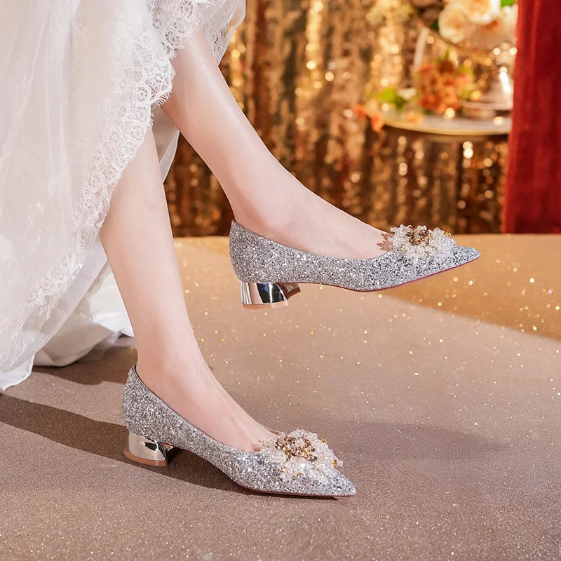 2024 Autumn Luxurious Rhinestone Sequins Thick Heel Low Heel Comfortable Women's Single Shoes Dress Wedding Shoes