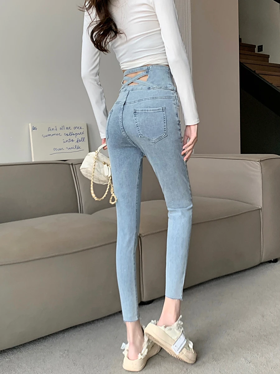 2023 new women's dress European and American style sexy tight leggings women's cross back pencil jeans women