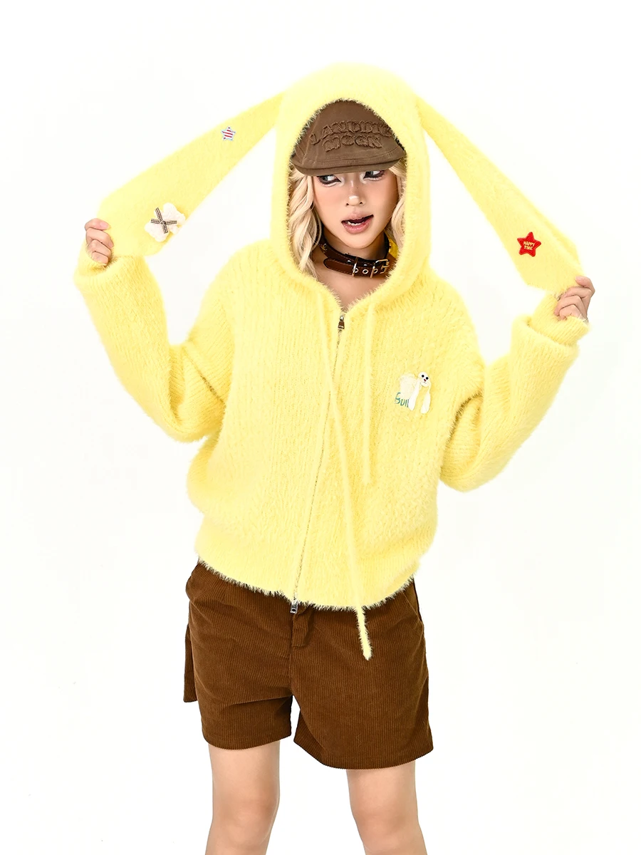

Soft Plu Rabbit Ear Hoodie Cardigan Women's Loose BF Lazy Coat Street Sle Long Sve Warmth Winter New Arrival