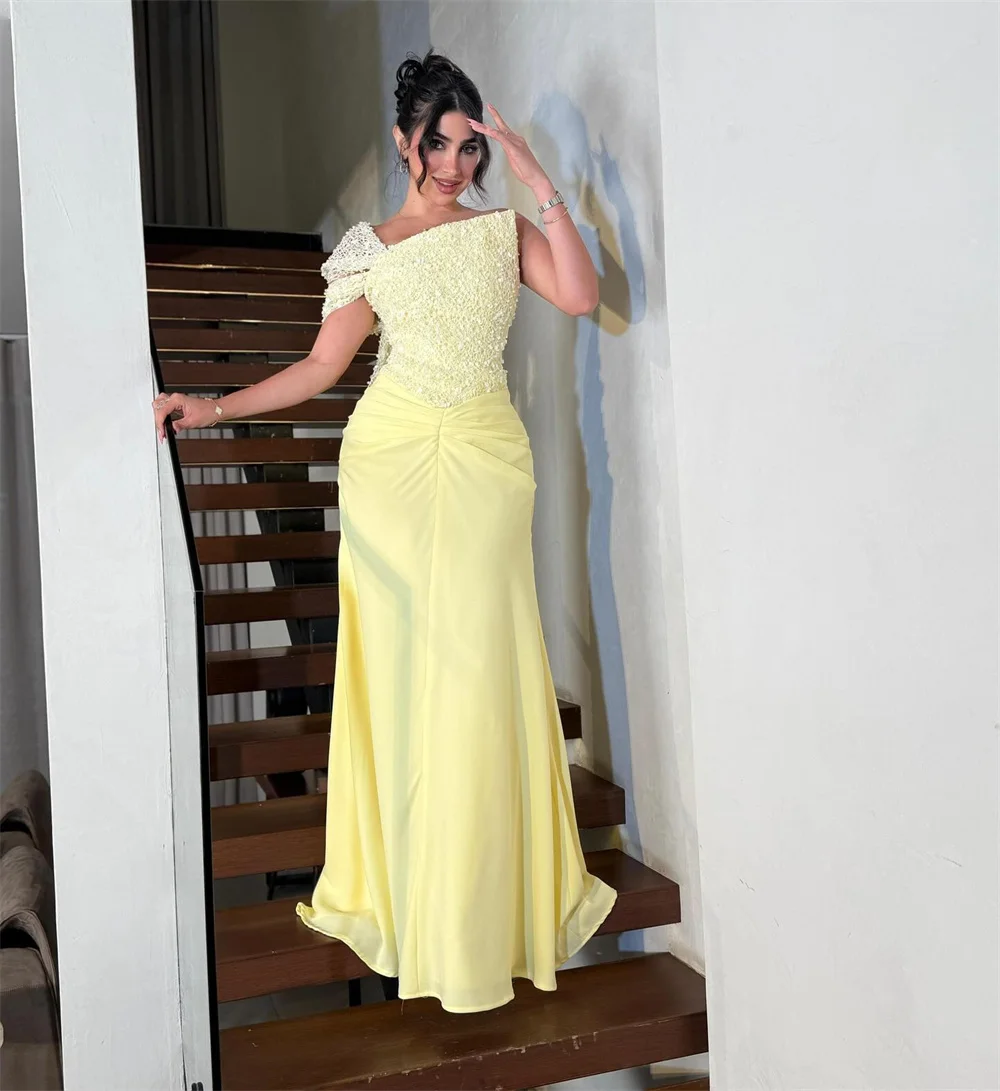 كاثي مخصص أصفر كتف واحد لامعة الترتر فساتين لحضور الحفلات الموسيقية حورية البحر بلا أكمام vestidos de noiva طول الأرض مساء رسمي