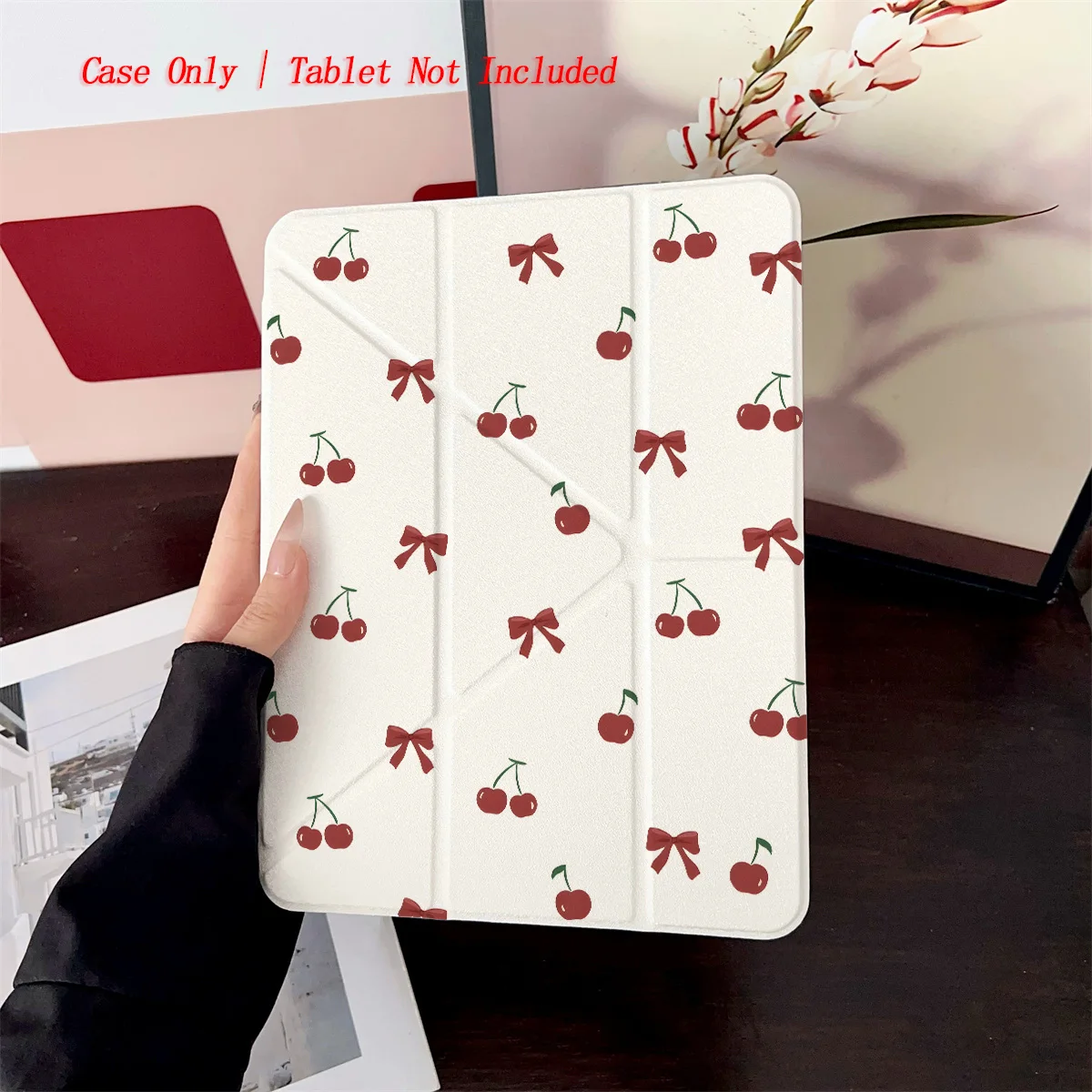 

Cute Y-Fold Acrylic Vibrant Red Bowknots & Cherries Pattern iPad Cover For Apple iPad 10.2/10.9 Inch Shockproof Case