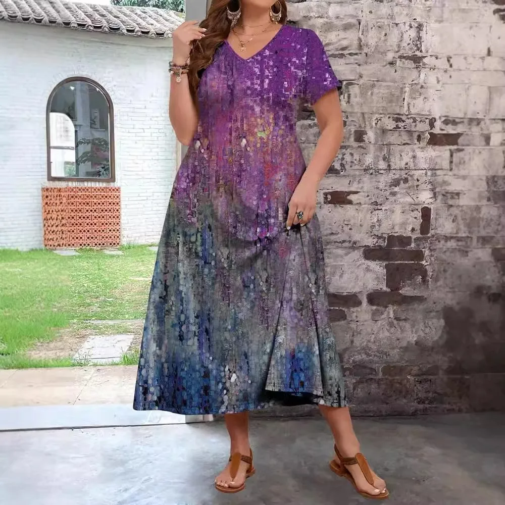 2024 summer new European and American plus size loose women\'s round neck fashionable high-end short sleeved printed dress