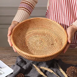 Round Rattan Fruit Bowls Natural Wicker Fruit Basket Boho Woven Storage Baskets Bread Tray for Kitchen Coffee Table Farmhouse