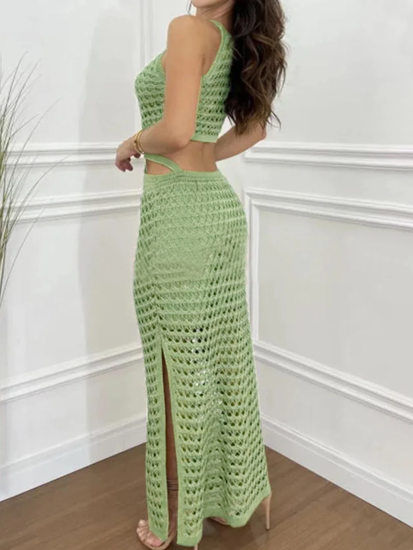 Knitted camisole vest, long skirt, sexy vacation style, spring and summer