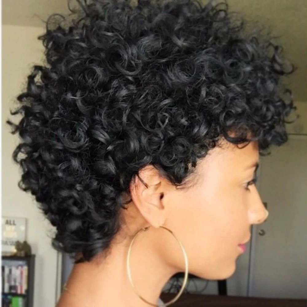 ピクシーカットウィッグ ショート キンキーカール 人毛ウィッグ ブラジル産レミーヘア 機械製 黒人女性向け 生え際プレプラッキング済み カールウィッグ