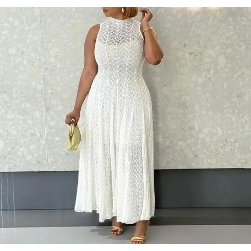 Abito bianco in pizzo sottile senza maniche con scollo tondo dal design temperamento estivo per donna Abito senza maniche a trapezio elegante e semplice