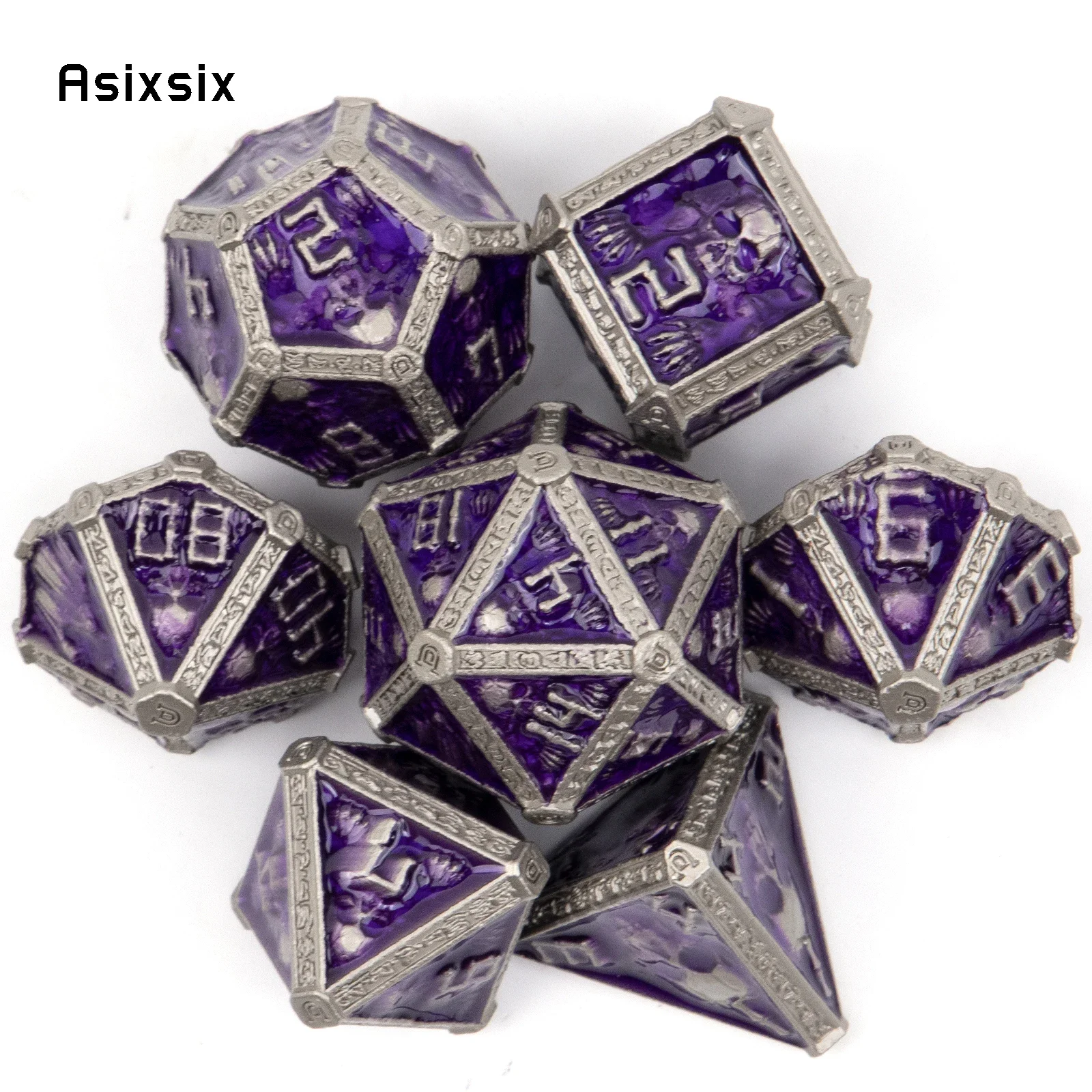 

7 Pcs Purple Silver Skull Metal Dice Solid Metal Polyhedral Dice Set Suitable for Role-Playing RPG Board Game Card Game