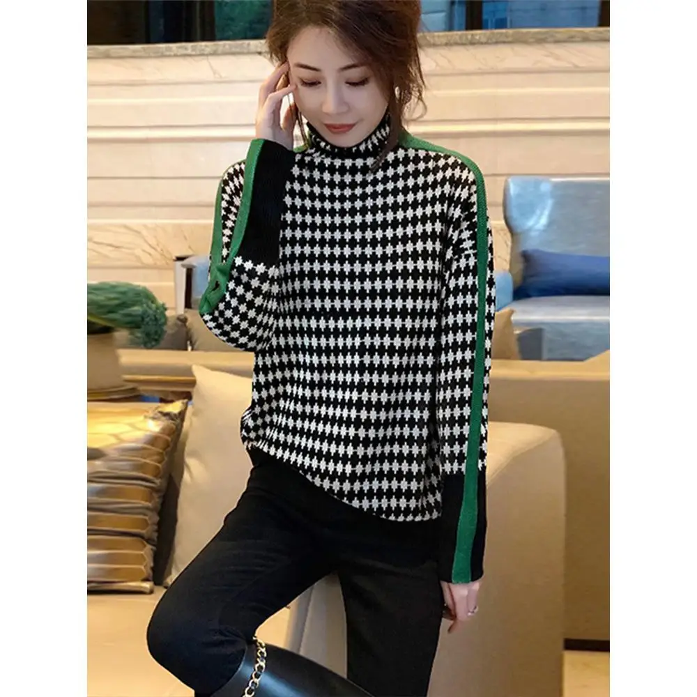 Black houndstooth turtleneck knitted sweater women design sense niche Western sweater winter 2023 long sleeve casual sweater