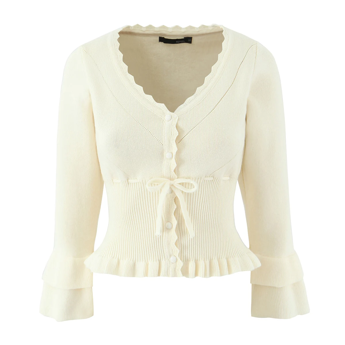 2025 شيك هول زر من خلال المحاصيل Pointelle سترة متماسكة سترة امرأة الخامس طوق القوس الخصر مضيئة كم البلوز تريكو