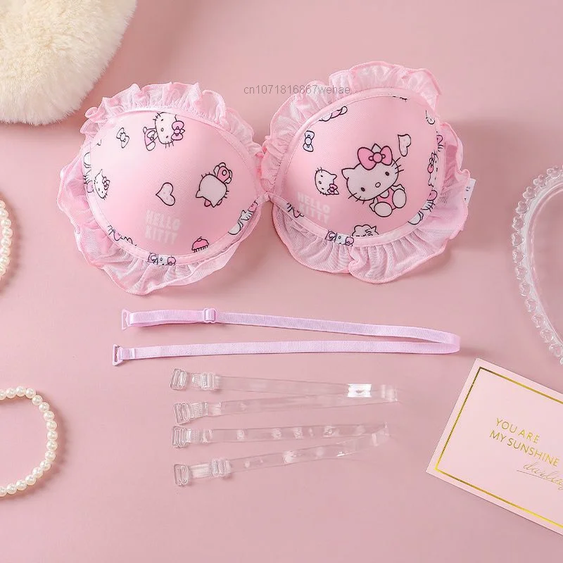 Sanrio Hello Kitty Sweet Cute 2 Pcs Lingerie Sets for Women, Briefs & Bra with Chest Padded, Halter Strapless Sexy Underwear