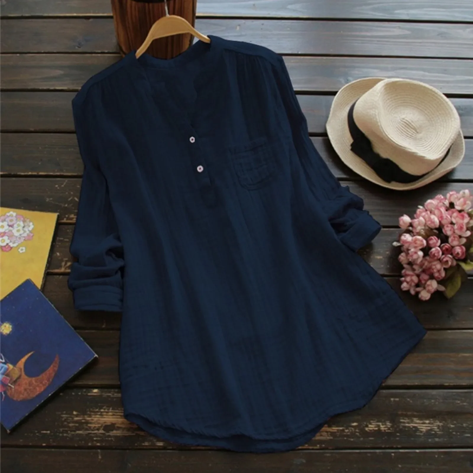 Women's Tunic Loose Shirt Summer Casual Long Sleeve V Neck Solid Tops Female Vintage Basic Shirts Women Clothing