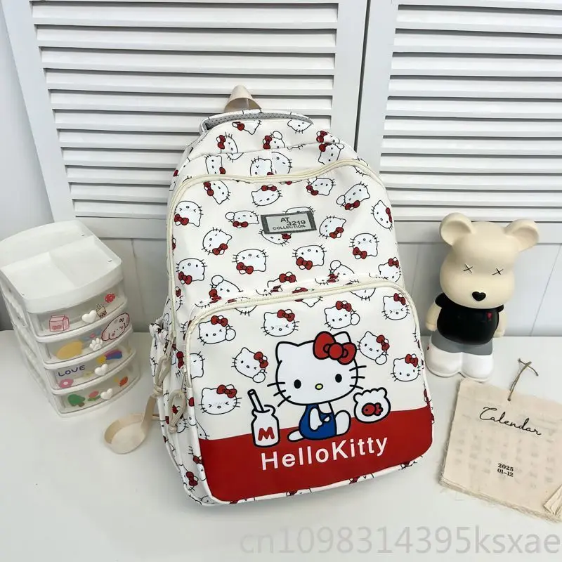  Hello Kitty White Nylon School Backpack Women Girls School Bag with Water Bottle Holder Lightweight Student Book Bag