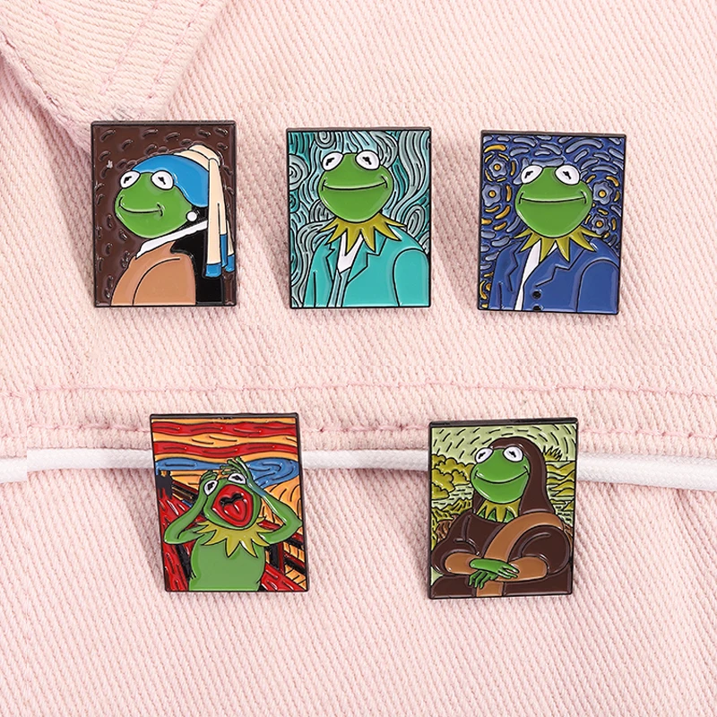 Niedlicher Frosch, Ölgemälde, Emaille-Anstecknadel, der Schreifrosch mit Perlenohrring, Van Gogh-Kunstbroschen, Anstecknadel, Schmuck, Geschenke für Freunde