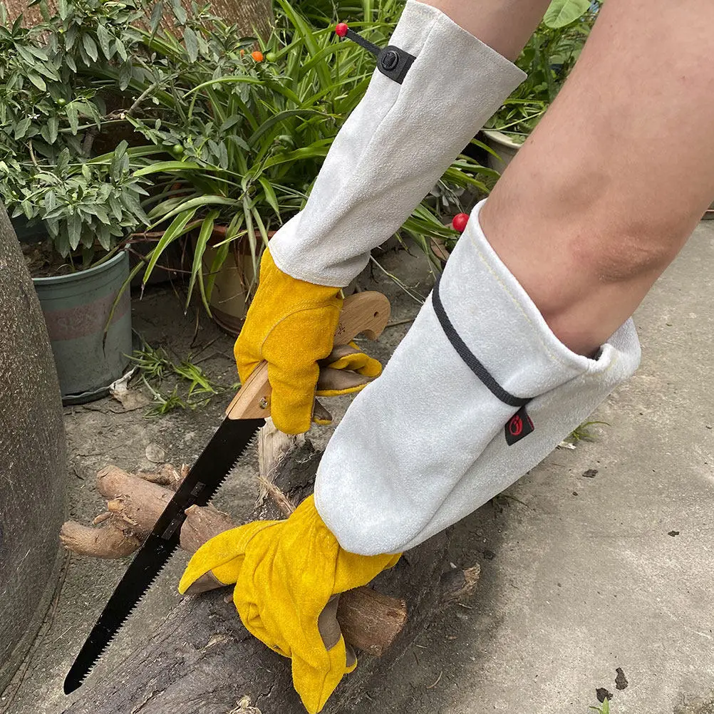1Pair Professional Gardening Gloves Thorn Proof Puncture-Resistant Long Tube Cowhide Work Gloves for Pruning Roses Cacti