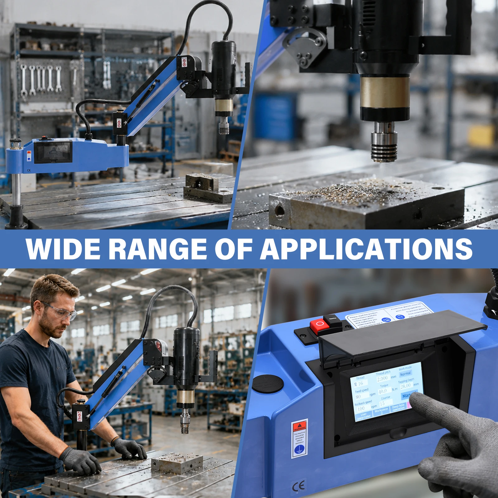 Electric Tapping Machine Tapper Tapping Arm Universal 360 Degree 200RPM High Speed Tap Collets Included for Iron Copper Steel Aluminum Wood Nylon