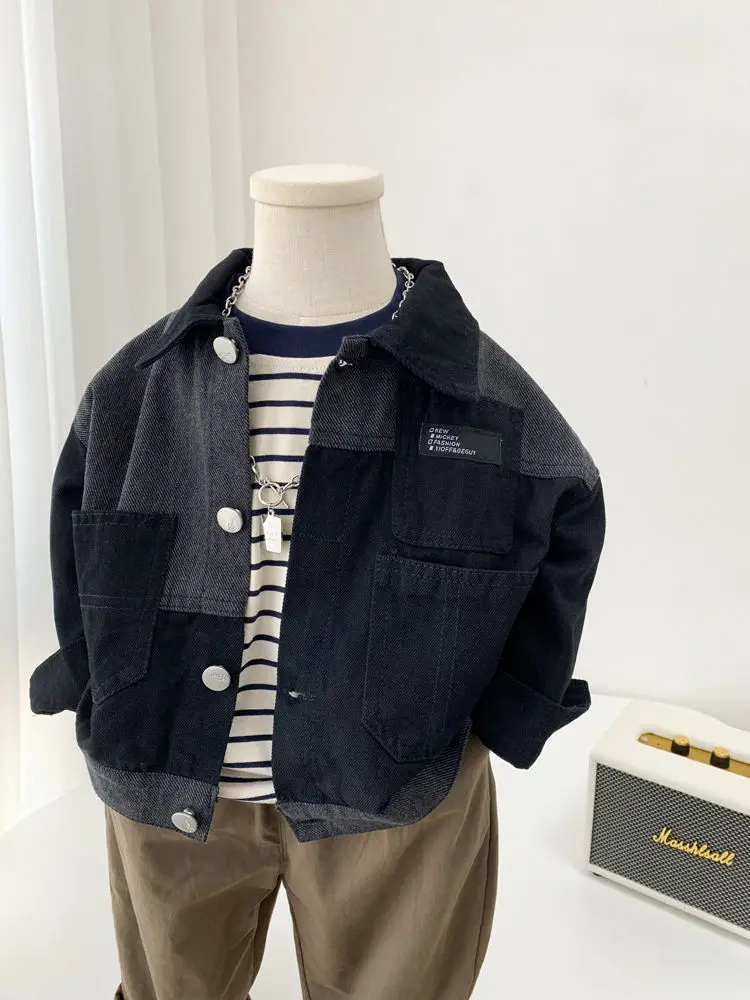 2-9Y Baby Boy Korean Patchwork Denim Jacket 2023 New Toddler Handsome Casual Fashionable Coat for Children\'s Spring Autumn Wear