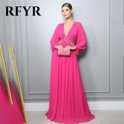 RFYR Fuchsia Beach Special Occasion Dresses V Neck Long Sleeves Formal Gown Long Embroidery Evening Dresses vestidos de fiesta