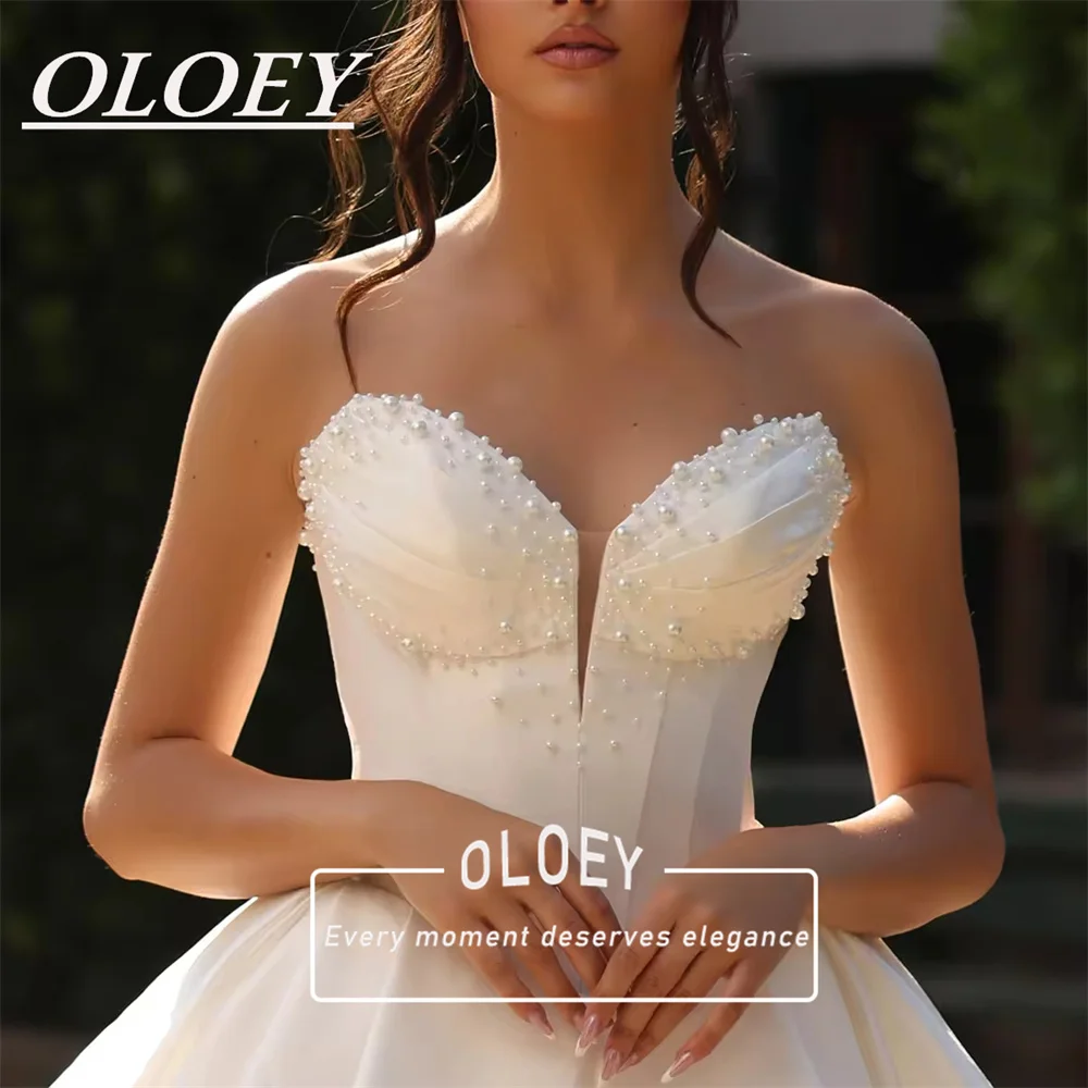 OLOEY Luxury Pearls Short Wedding Dress For Bride Vestidos Novia Sweetheart Neck Puffy Mini Bridal Gown Customized Lacing Back