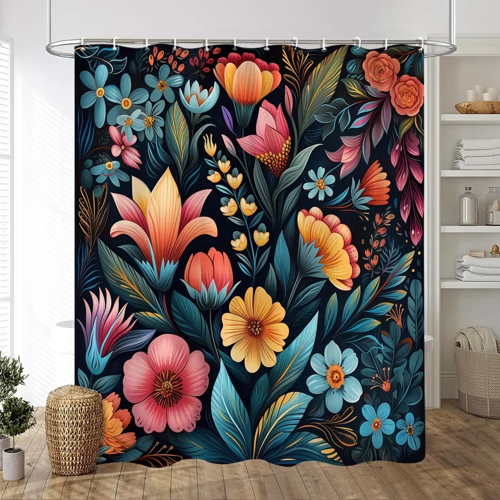 Black Background On Colourful Flowers Shower Curtain Vintage Style Artistic Creativity Print Fabric Bath Curtains Bathroom Decor
