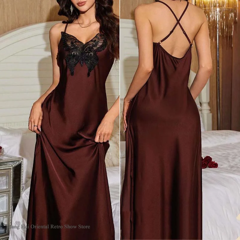 Sexy Hollow Out Butterfly Lace Long Nightgown Women's Sleepwear Mujer Lingerie Silky Satin Split Nightdress Homewear Loungewear