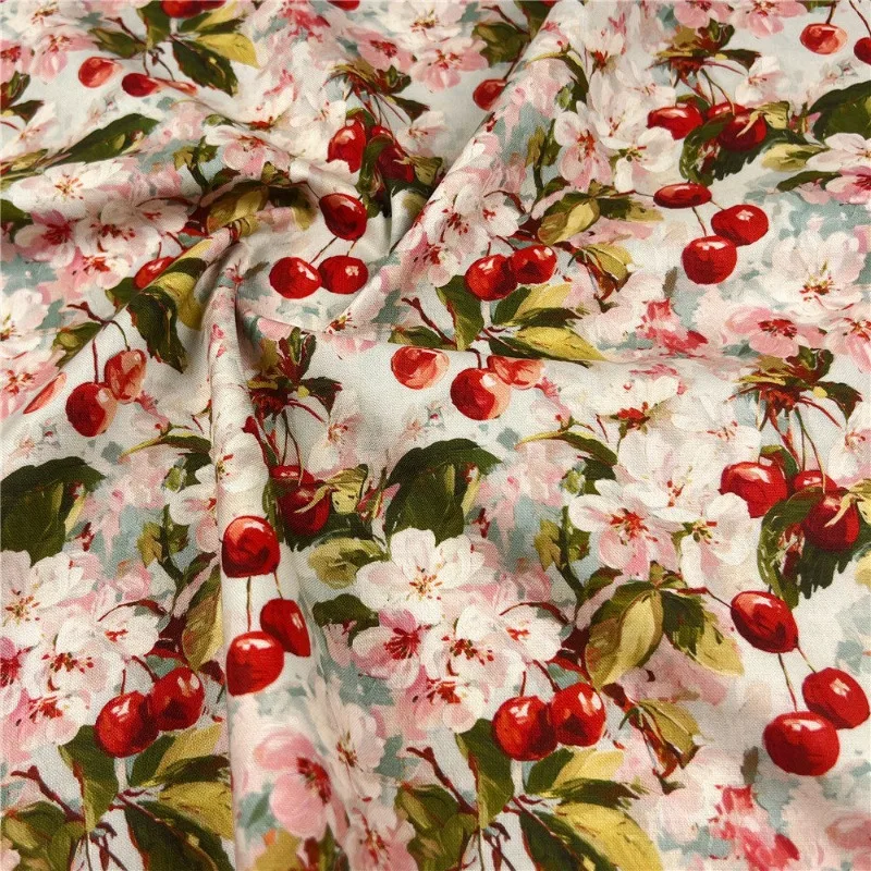 Vintage Oil Painting Grape Cherry Cotton Plain Weave Fabric Fruit Tablecloth Decor DIY Handmade Dress Sewing Textile Fabric view 6