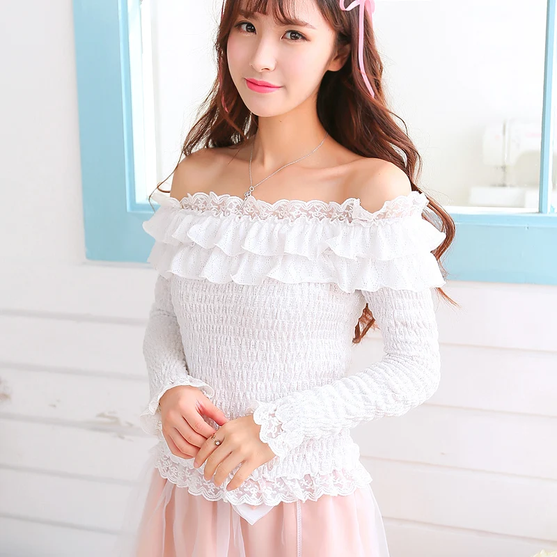 Sales Japan Style Ruffle Collar Boat Neck Cross Shoulder Whole Lace Top Long Sleeve Corset Shirt