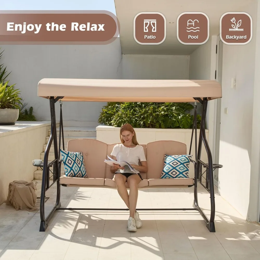 

3-местные качели для патио, крыльца, 800 фунтов, уличные качели с подставкой, балдахином и регулируемой спинкой, кресло-планер для патио со съемными подушками и