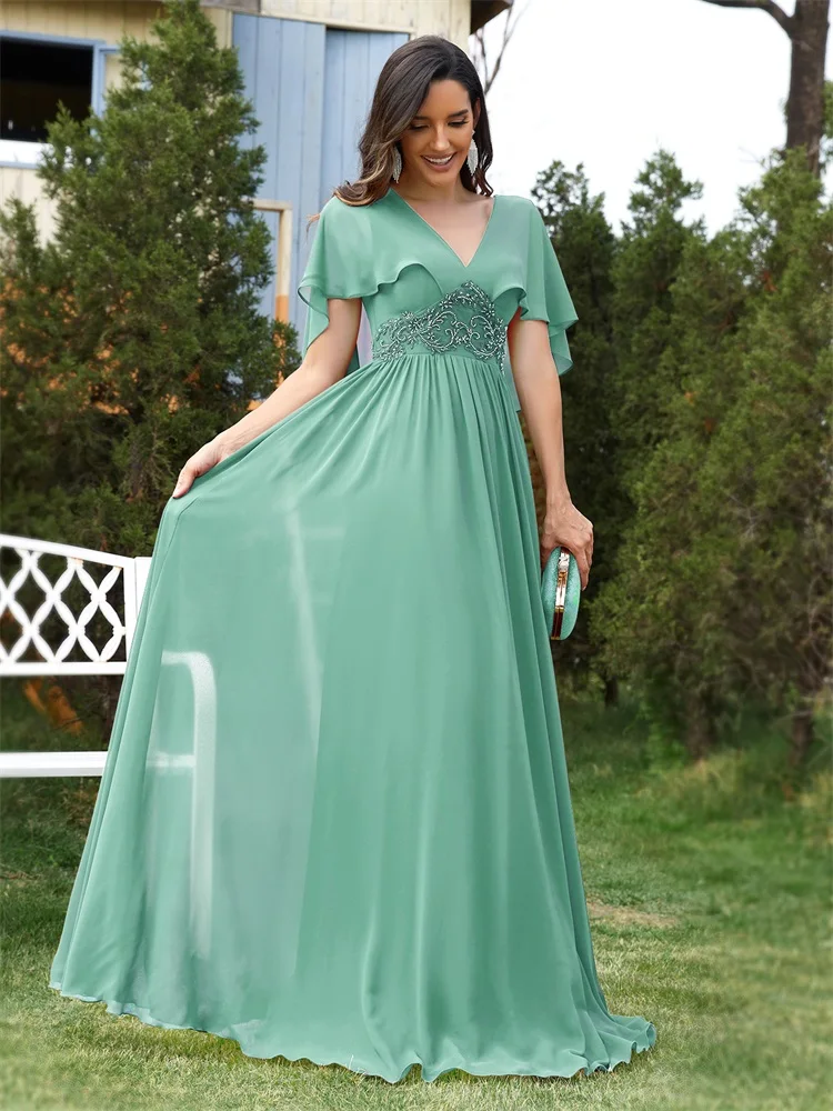 XUIBOL Elegant Chiffon Short sleeve Formal Evening Dresses Long 2024 Luxury Women Bridesmaid Party Dress Cocktail Prom Gowns