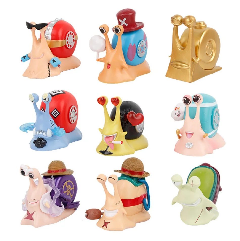 

9pcs Anime One Piece Communic ation Snail Figure Luffy Chopper Ace Roronoa Zoro Phone bug Toy model ornaments Kids Xmas Gifts