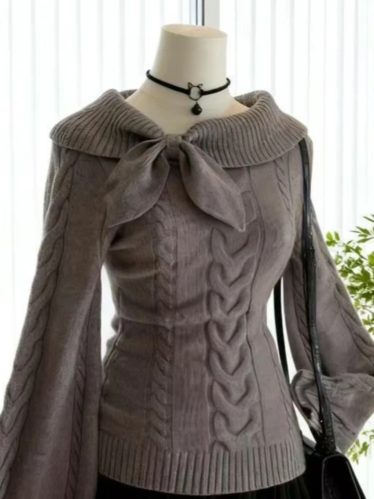 เสื้อไหมพรมเปิดไหล่เซ็กซี่สำหรับผู้หญิง ทรงเข้ารูป แขนยาว สไตล์เกาหลี เสื้อกันหนาวแฟชั่นอินเทรนด์ สวยสง่า ใหม่ล่าสุด