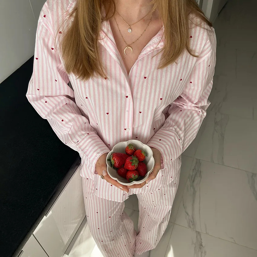 Casual Chic Weibliche Pyjamas Hause Tragen Mode Langarm Shirts Breite Bein Hosen Anzüge Streifen Gedruckt Lange Hosen Sets für Frauen