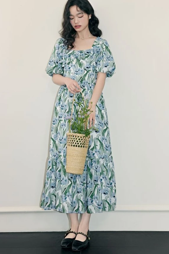 

Summer Fashion New Women's Dress Square Collar Printed Casual A-line Skirt