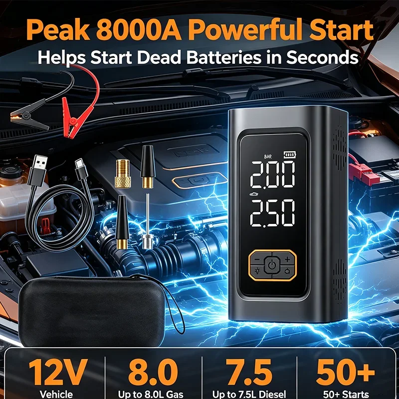 New 8000A Car Jump Starter Device 4-IN-1 Auto Battery Booster LED Display Portable Power Bank Tire Inflator with Air Compressor
