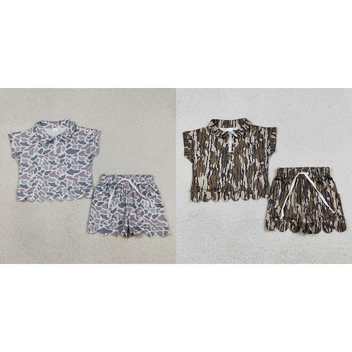 Toddler Summer Baby Girls Southern Olive Wood Camo Zipper Top Pockets Short Scallop Clothes Sets Kids Outfits Children 2Pcs Sets