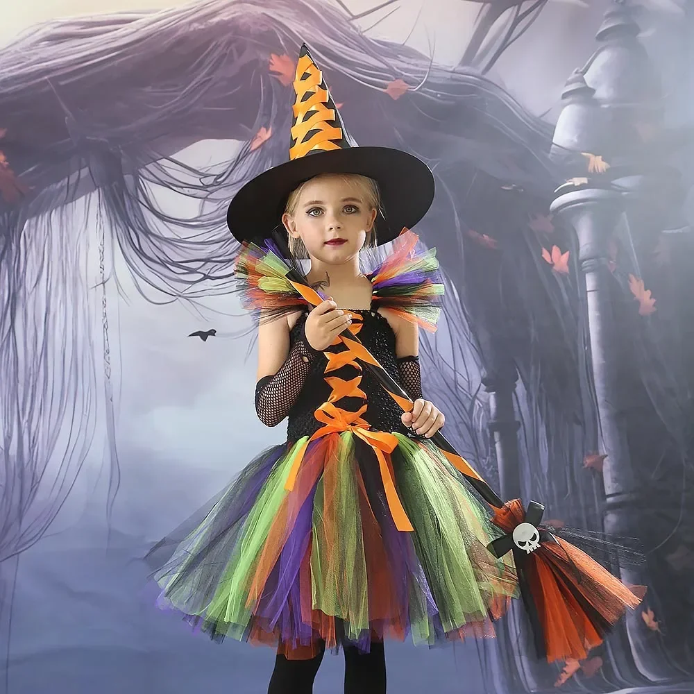 Kostum Penyihir Halloween Anak Perempuan Gaun Mewah Bermain Peran Penyihir Bayi Pesta Vestidos Karnaval Anak-anak Set Pakaian Sapu Topi 10T