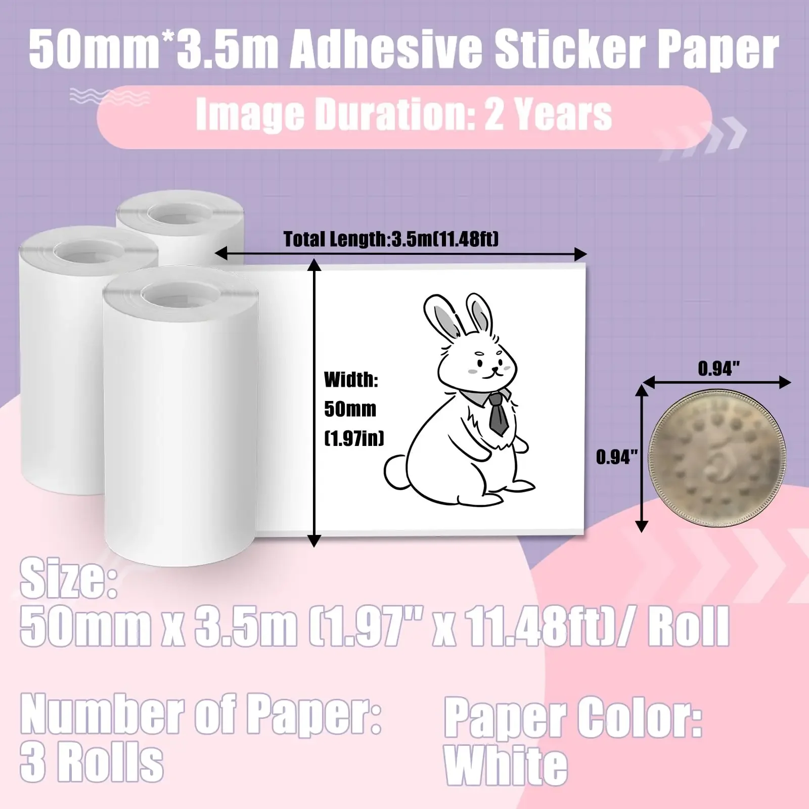 3 Rolls White Thermal Label Sticker 50mm x 3.5m Waterproof Adhesive Color Paper Phomemo M02/M03AS/M04AS Photo Paper for Printer