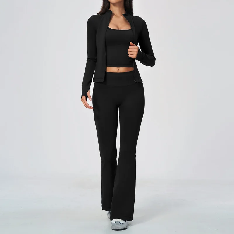 Seamless 3PCS Women Workout Yoga Set Zip Front Jacket Square Neck Tank Butt Lifting Flare Leggings Elastic Gym Sports Suit