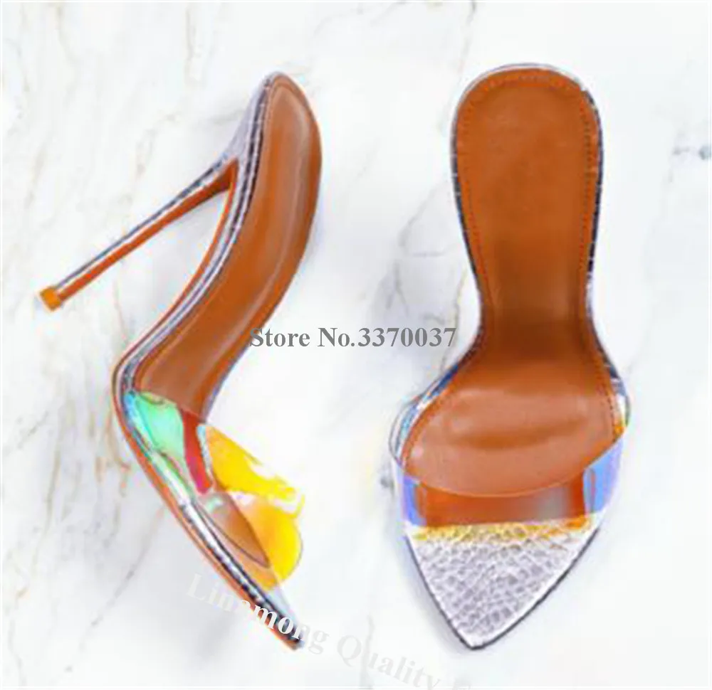 Patchwork Stiletto Heel Slippers Linamong Newest Pointed Open Toe One Strap Thin Heel Slip-on Sandals Sexy Big Size Dress Heels