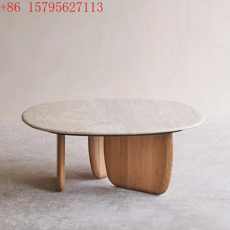 

Wabi-sabi coffee table, small apartment living room coffee table, oak high-end round natural travertine coffee table9344