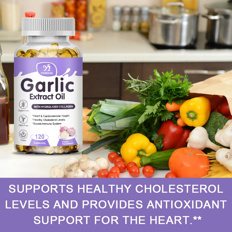 Suplement olejowy z ekstraktem z czosnku, działający jako przeciwutleniacz, wspierający zdrowie serca i układu krążenia, zdrowe poziomy cholesterolu, wzmacniający odporność.