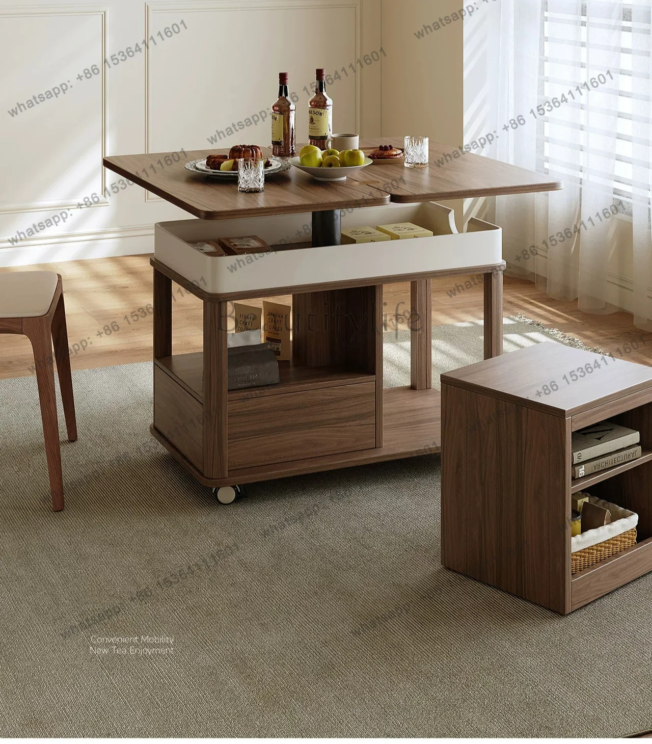 Factory Direct Sales Movable coffee table lifting black walnut folding solid wood trolley