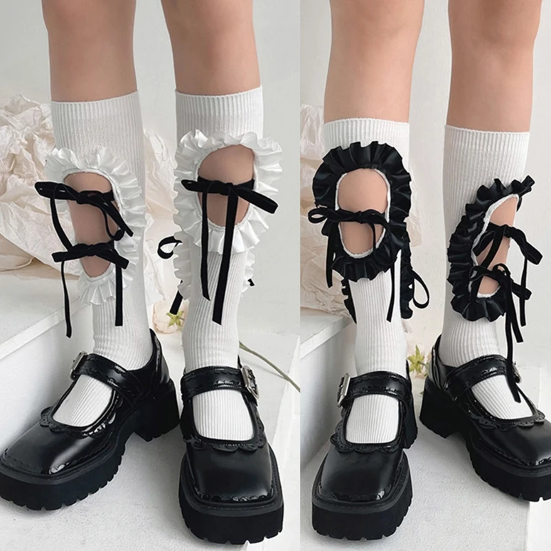 Japanese Women Girls Ribbed Calf Socks Harajuku Hollow Out Hole Ruffled Patchwork Lace-Up Bowknot Student Cotton Tube