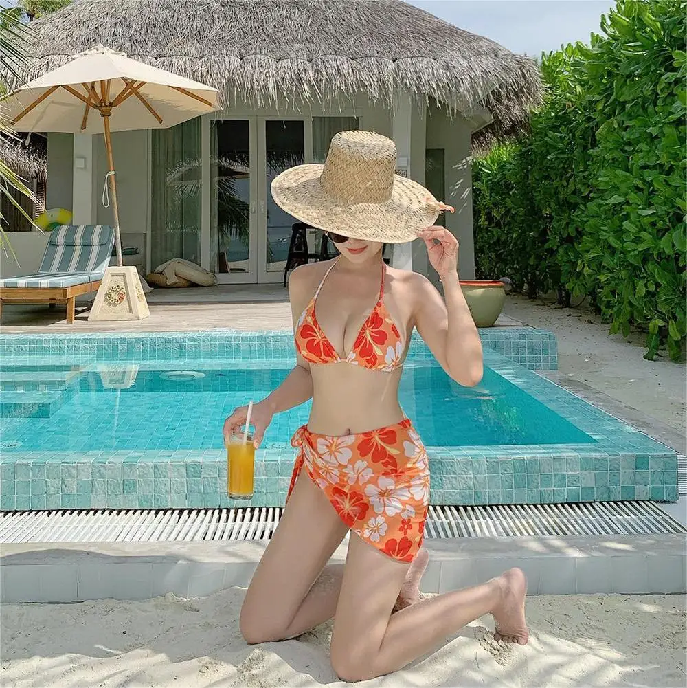 Women's Swimwear 2024 Women Bikini Solid Color Swimwear Backless Sexy Tankini Three-Piece Strap Hot Spring Swimsuit M-XL