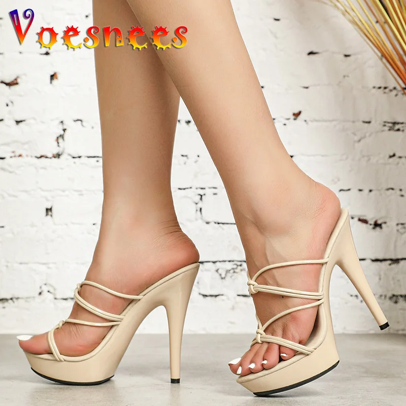 Pantoufles d\'été à talons hauts et bande étroite pour femmes, sandales d\'extérieur de styliste, chaussures de fête, grande taille, 13CM