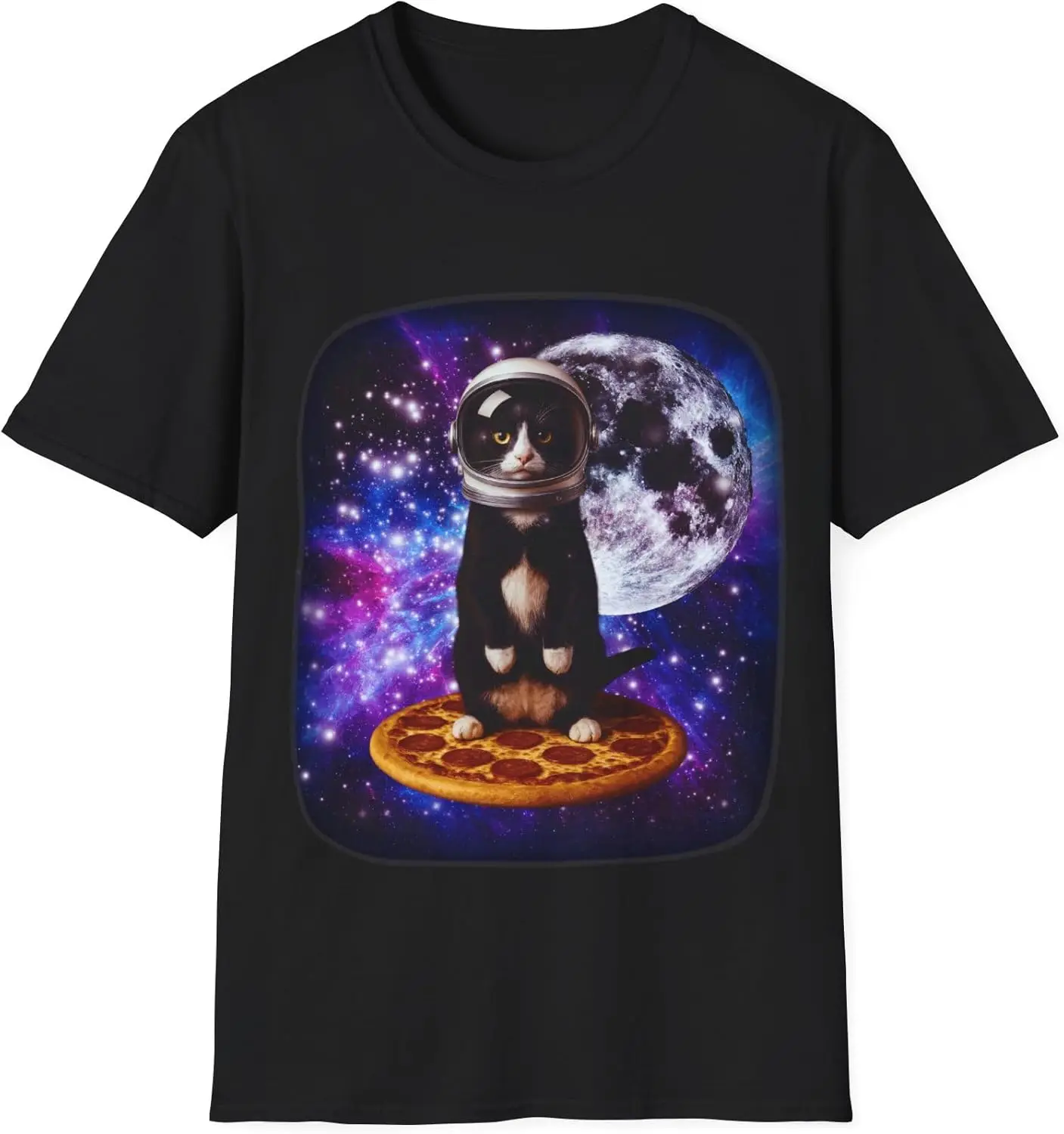 

Space Pizza Cat - Fun Printed Short-sleeved T-shirt Round-neck Short-sleeved Black Pure Cotton Unisex Plus Size Fashion T-shirt